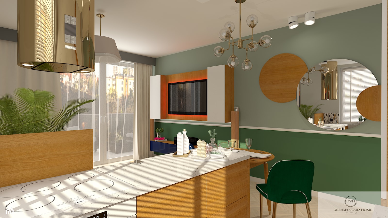 Mieszkanie 56 m2 - dwa pokoje + salon z aneksem kuchennym + taras - Średni zielony salon z kuchnią z jadalnią, styl nowoczesny - zdjęcie od DESIGNYOURHOME - Homebook