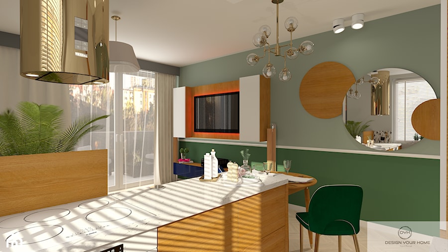 Mieszkanie 56 m2 - dwa pokoje + salon z aneksem kuchennym + taras - Średni zielony salon z kuchnią z jadalnią, styl nowoczesny - zdjęcie od DESIGNYOURHOME
