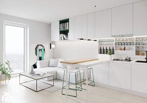 GDAŃSK 28m2 - Mała otwarta z salonem biała z zabudowaną lodówką kuchnia w kształcie litery u, styl minimalistyczny - zdjęcie od JD Architects
