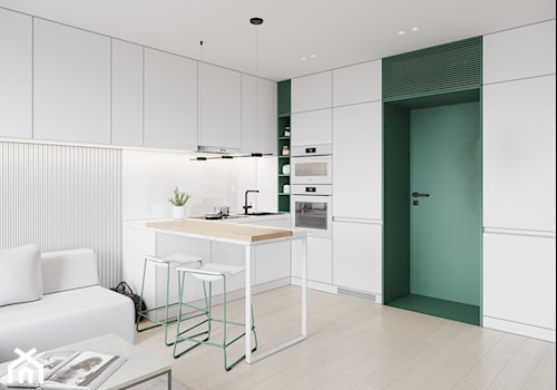 GDAŃSK 28m2 - Mała otwarta biała z zabudowaną lodówką z nablatowym zlewozmywakiem kuchnia w kształcie litery u, styl minimalistyczny - zdjęcie od JD Architects