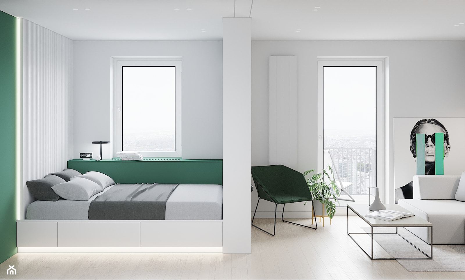 GDAŃSK 28m2 - Mała biała zielona z panelami tapicerowanymi sypialnia, styl minimalistyczny - zdjęcie od JD Architects - Homebook