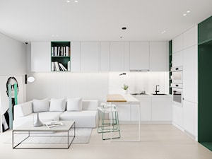 GDAŃSK 28m2 - Mała otwarta z salonem biała z zabudowaną lodówką z nablatowym zlewozmywakiem kuchnia w kształcie litery u, styl minimalistyczny - zdjęcie od JD Architects