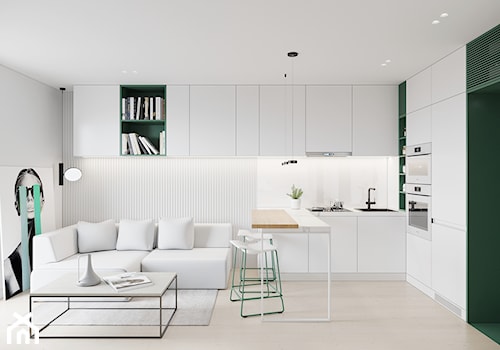 GDAŃSK 28m2 - Mała otwarta z salonem biała z zabudowaną lodówką z nablatowym zlewozmywakiem kuchnia w kształcie litery u, styl minimalistyczny - zdjęcie od JD Architects