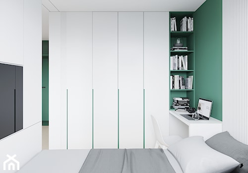 GDAŃSK 28m2 - Mała biała zielona z biurkiem z panelami tapicerowanymi sypialnia, styl minimalistyczny - zdjęcie od JD Architects