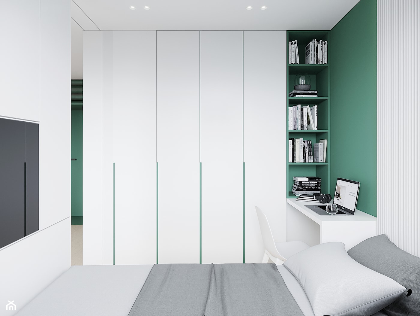 GDAŃSK 28m2 - Mała biała zielona z biurkiem z panelami tapicerowanymi sypialnia, styl minimalistyczny - zdjęcie od JD Architects - Homebook