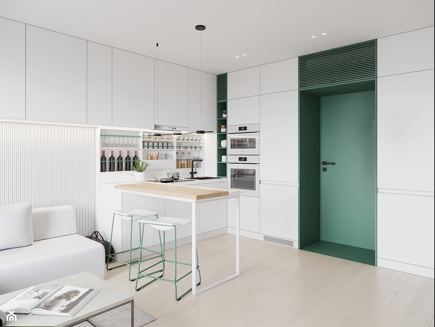 GDAŃSK 28m2 - Mała otwarta biała z zabudowaną lodówką z nablatowym zlewozmywakiem kuchnia w kształcie litery u, styl minimalistyczny - zdjęcie od JD Architects - Homebook