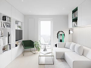 GDAŃSK 28m2 - Mały biały salon z tarasem / balkonem z bibiloteczką, styl minimalistyczny - zdjęcie od JD Architects