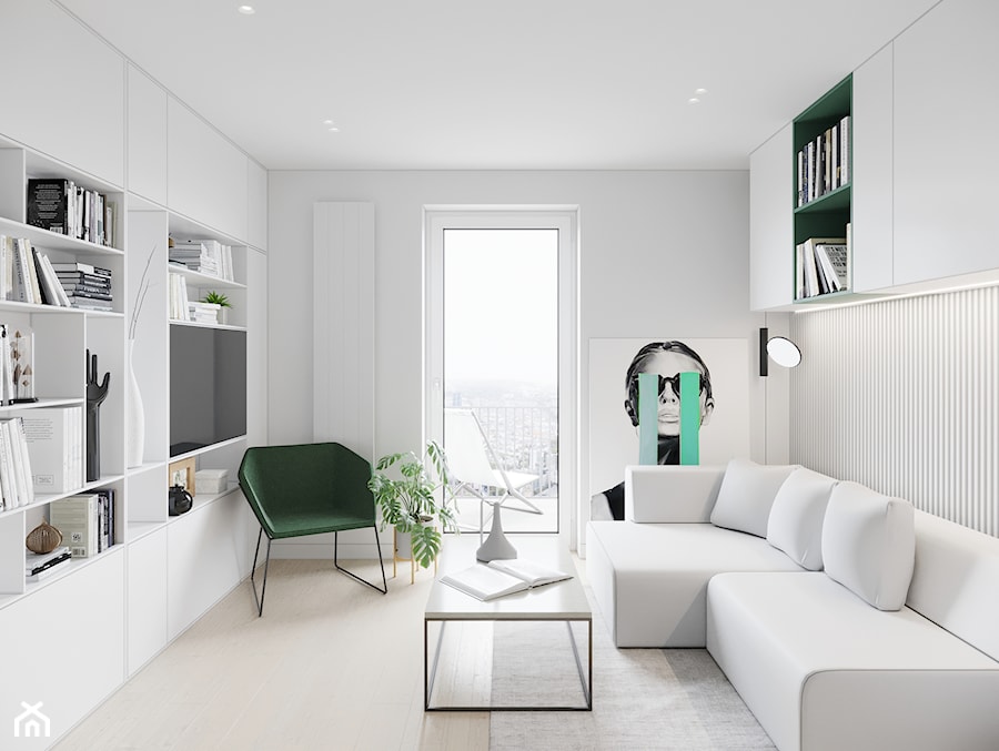 GDAŃSK 28m2 - Mały biały salon z tarasem / balkonem z bibiloteczką, styl minimalistyczny - zdjęcie od JD Architects