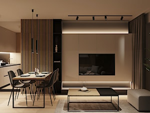 PIŁA 40m2 - Średni biały brązowy salon z jadalnią, styl minimalistyczny - zdjęcie od JD Architects