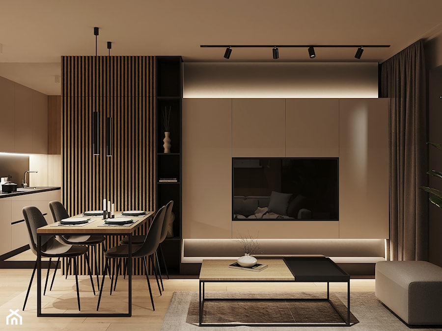 PIŁA 40m2 - Średni biały brązowy salon z jadalnią, styl minimalistyczny - zdjęcie od JD Architects