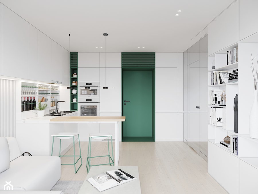 GDAŃSK 28m2 - Mała otwarta biała z zabudowaną lodówką z nablatowym zlewozmywakiem kuchnia w kształcie litery u, styl minimalistyczny - zdjęcie od JD Architects