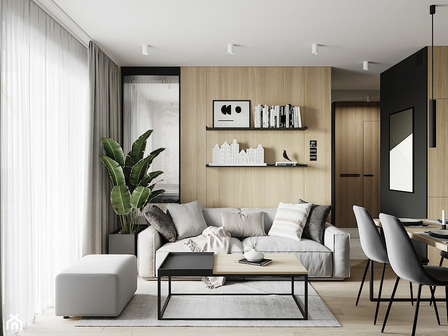 PIŁA 40m2 - Mały brązowy czarny salon z jadalnią, styl nowoczesny - zdjęcie od JD Architects