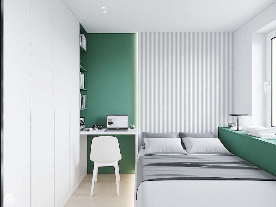 GDAŃSK 28m2 - Mała biała zielona z biurkiem z panelami tapicerowanymi sypialnia, styl minimalistyczny - zdjęcie od JD Architects