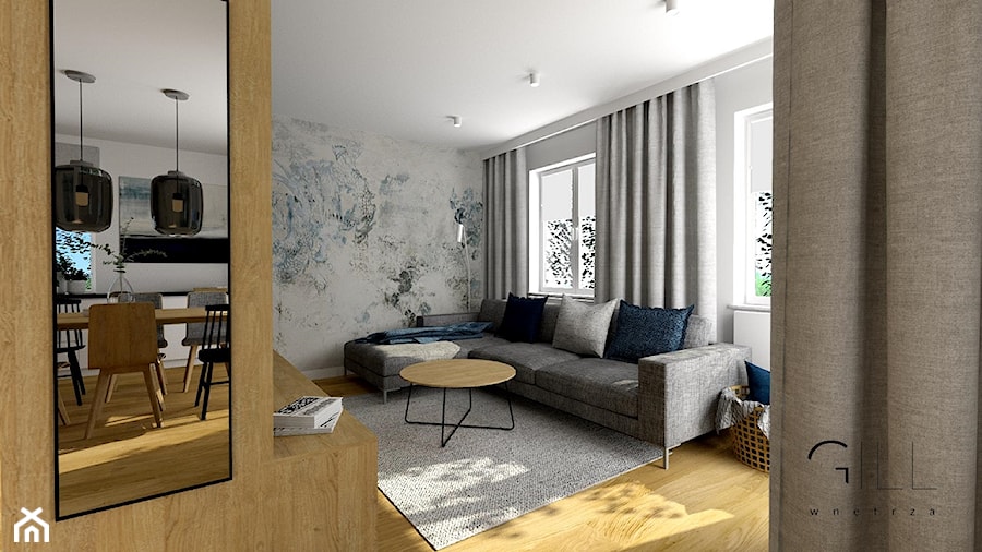 Mieszkanie dla dwojga 60m2 - Średni biały szary salon, styl nowoczesny - zdjęcie od Gill Wnętrza
