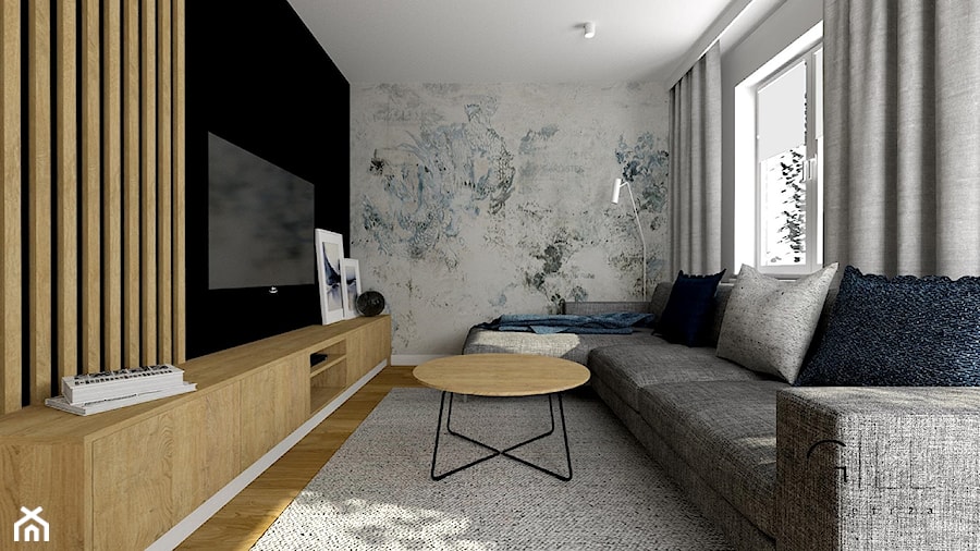 Mieszkanie dla dwojga 60m2 - Średni czarny szary salon, styl nowoczesny - zdjęcie od Gill Wnętrza