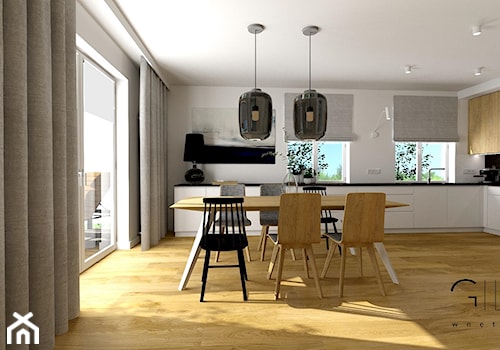 Mieszkanie dla dwojga 60m2 - Duża otwarta z kamiennym blatem biała czarna z zabudowaną lodówką kuchnia w kształcie litery l z oknem z marmurem nad blatem kuchennym, styl nowoczesny - zdjęcie od Gill Wnętrza