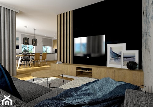 Mieszkanie dla dwojga 60m2 - Średni beżowy biały szary salon z kuchnią z jadalnią, styl nowoczesny - zdjęcie od Gill Wnętrza