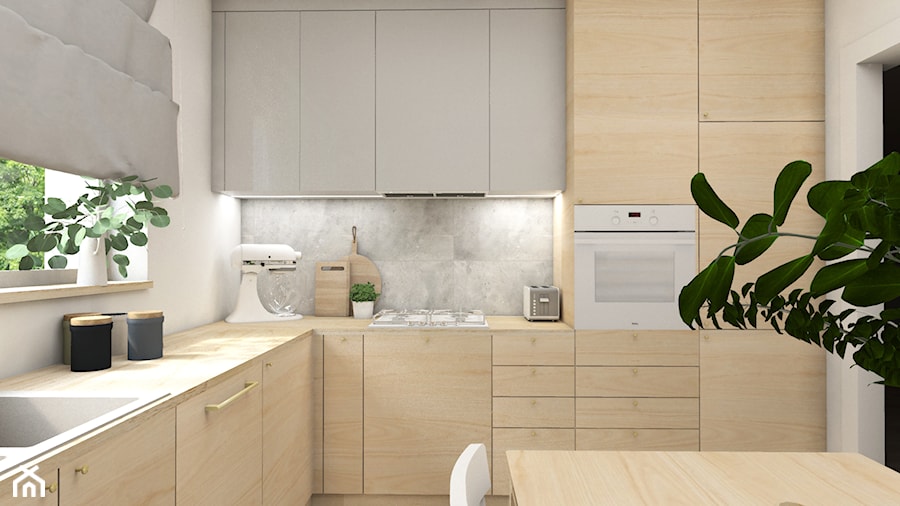 Projekt Kuchni - Średnia otwarta z salonem biała szara z zabudowaną lodówką z nablatowym zlewozmywakiem kuchnia w kształcie litery l z oknem, styl skandynawski - zdjęcie od NANUstudioprojektowe