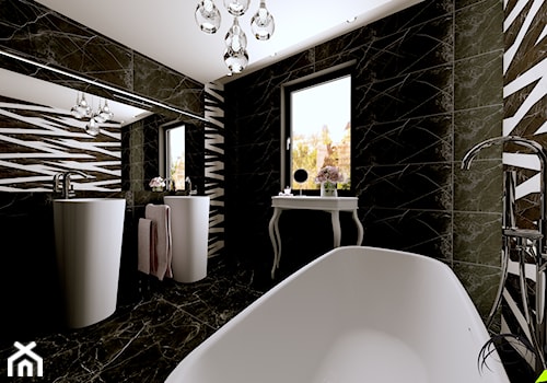 ŁAZIENKA GLAMOUR - INTERI PROJEKTY WNĘTRZ ŁOWICZ - Średnia z lustrem z dwoma umywalkami z marmurową podłogą łazienka z oknem, styl glamour - zdjęcie od interi-wnetrza