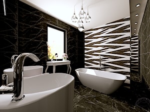 ŁAZIENKA GLAMOUR - INTERI PROJEKTY WNĘTRZ ŁOWICZ - Średnia z dwoma umywalkami z punktowym oświetleniem łazienka z oknem, styl glamour - zdjęcie od interi-wnetrza