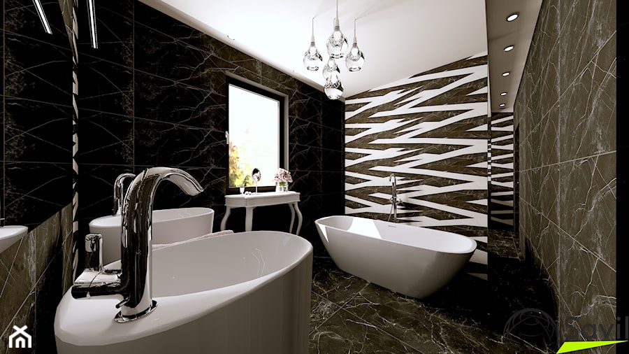 ŁAZIENKA GLAMOUR - INTERI PROJEKTY WNĘTRZ ŁOWICZ - Średnia z dwoma umywalkami z punktowym oświetleniem łazienka z oknem, styl glamour - zdjęcie od interi-wnetrza