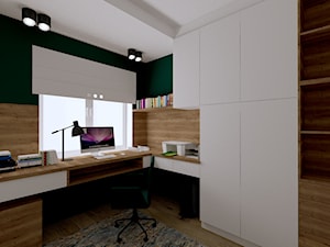 DOM NA PRZEDMIEŚCIACH - INTERI PROJEKTY WNĘTRZ ŁOWICZ - Średnie w osobnym pomieszczeniu z zabudowanym biurkiem białe zielone biuro, styl nowoczesny - zdjęcie od interi-wnetrza
