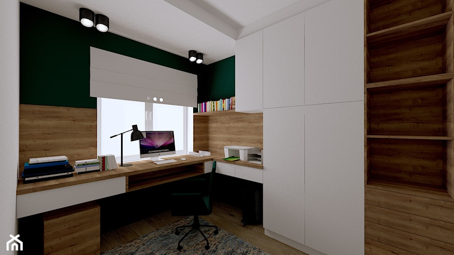 DOM NA PRZEDMIEŚCIACH - INTERI PROJEKTY WNĘTRZ ŁOWICZ - Średnie w osobnym pomieszczeniu z zabudowanym biurkiem białe zielone biuro, styl nowoczesny - zdjęcie od interi-wnetrza
