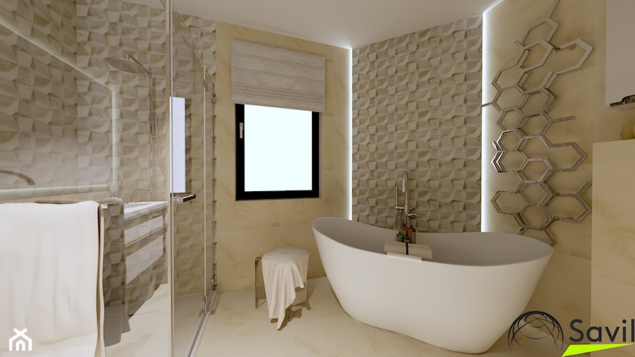 ŁAZIENKA W MARMURZE Z POLSKO-HISZPAŃSKIM AKCENTEM-INTERI PROJEKTY WNĘTRZ ŁOWICZ - Średnia z marmurową podłogą łazienka z oknem, styl tradycyjny - zdjęcie od interi-wnetrza