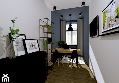 BIURO W KAMIENICY - INTERI PROJEKTY WNĘTRZ ŁOWICZ - Średnie w osobnym pomieszczeniu z zabudowanym biurkiem białe niebieskie biuro, styl industrialny - zdjęcie od interi-wnetrza