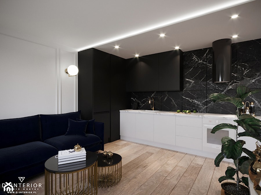 Mieszkanie w Redłowie - Średni biały czarny salon z kuchnią, styl nowoczesny - zdjęcie od D ' INTERIOR. Studio Wnętrz