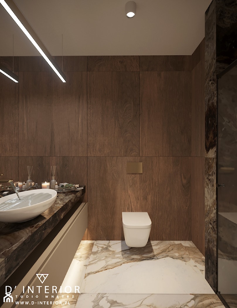 Projekt nowoczesnej łazienki z marmurem i drewnem - zdjęcie od D ' INTERIOR. Studio Wnętrz - Homebook