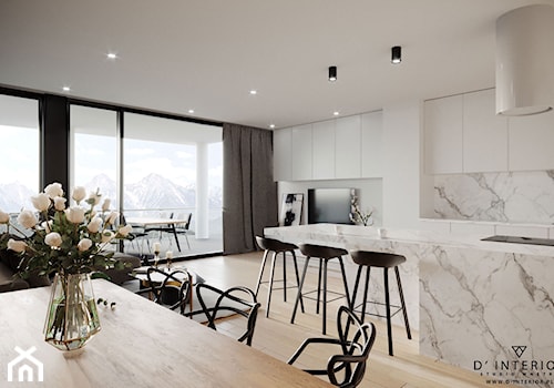 Strefa dzienna- apartament w górach - Średni biały salon z kuchnią z jadalnią, styl nowoczesny - zdjęcie od D ' INTERIOR. Studio Wnętrz