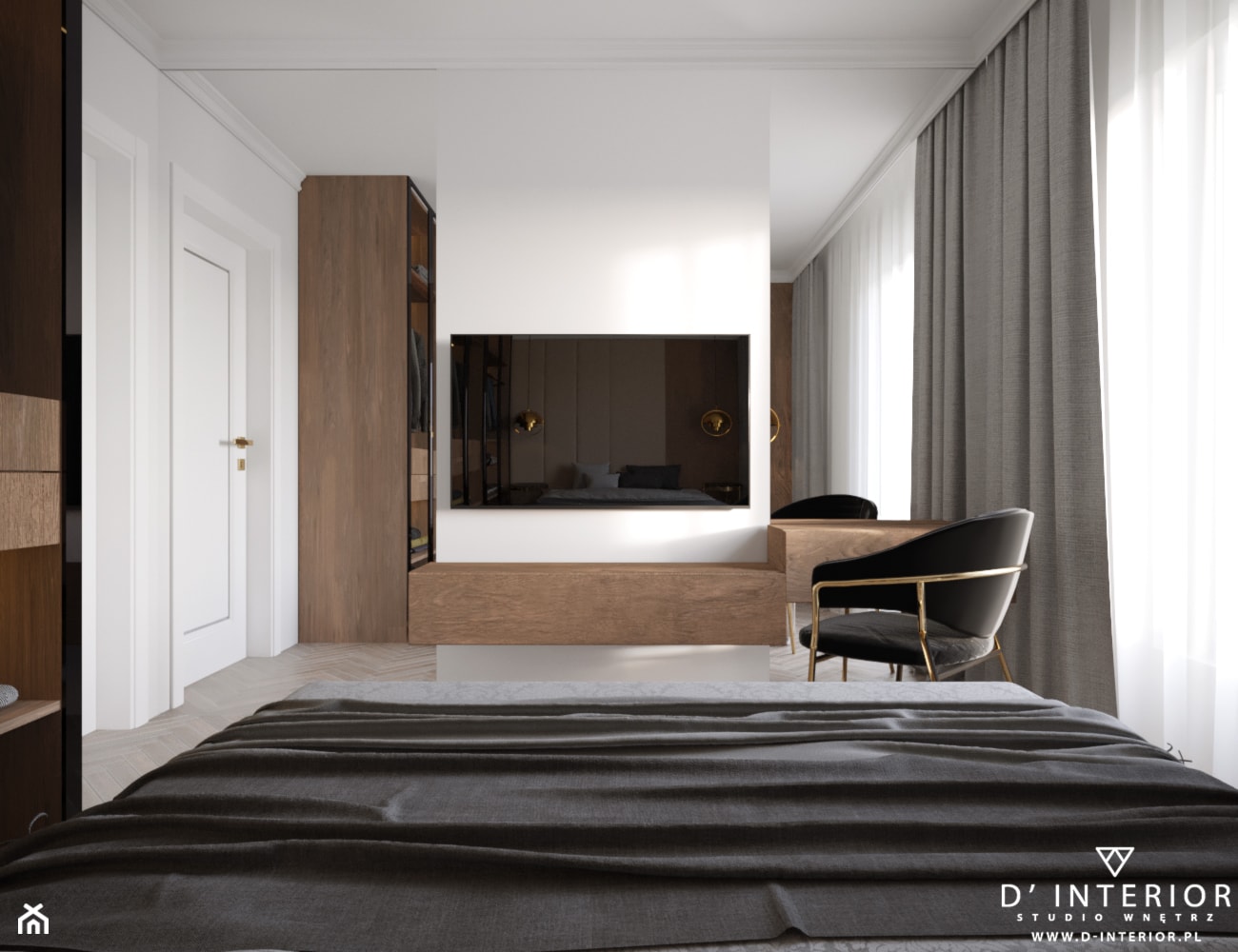 Projekt mieszkania w ciemniejszej tonacji - Sypialnia, styl nowoczesny - zdjęcie od D ' INTERIOR. Studio Wnętrz - Homebook