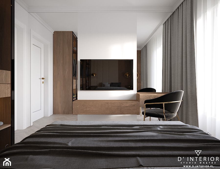 Projekt mieszkania w ciemniejszej tonacji - Sypialnia, styl nowoczesny - zdjęcie od D ' INTERIOR. Studio Wnętrz