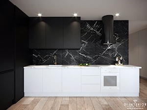 Mieszkanie w Redłowie - Średnia otwarta czarna z zabudowaną lodówką z nablatowym zlewozmywakiem kuchnia w kształcie litery l z marmurem nad blatem kuchennym, styl nowoczesny - zdjęcie od D ' INTERIOR. Studio Wnętrz