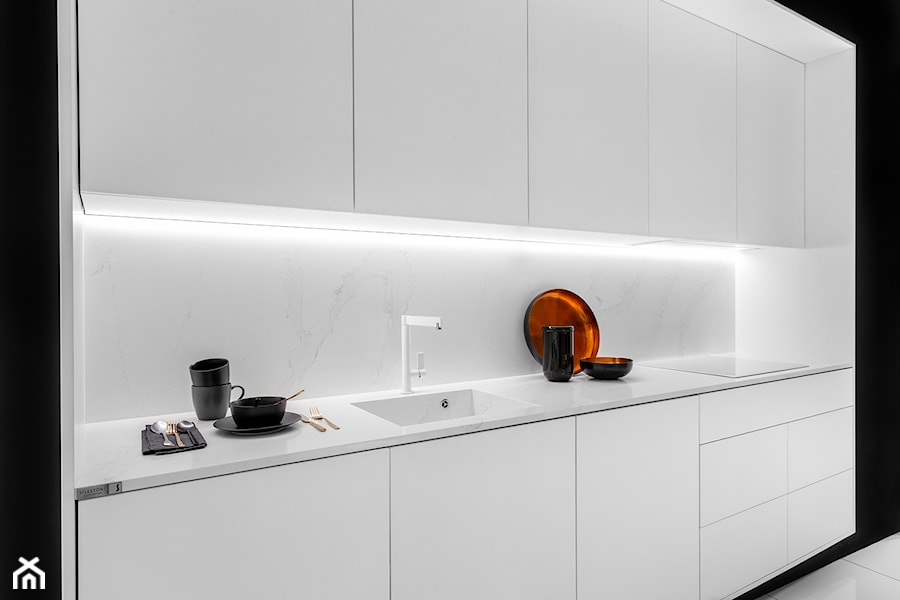 Kuchnia - aranżacje - Mała z salonem kuchnia jednorzędowa, styl minimalistyczny - zdjęcie od ernestrust