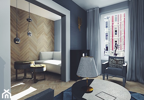 Apartament Frogner | Oslo | Norwegia - Mały biały niebieski salon z jadalnią, styl nowoczesny - zdjęcie od Atelier Chwat