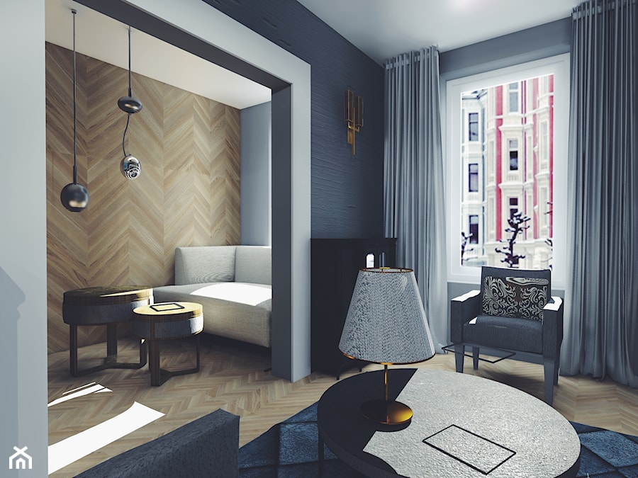 Apartament Frogner | Oslo | Norwegia - Mały biały niebieski salon z jadalnią, styl nowoczesny - zdjęcie od Atelier Chwat
