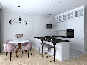 Mieszkanie - Średnia otwarta z salonem biała szara z zabudowaną lodówką z podblatowym zlewozmywakiem kuchnia w kształcie litery u, styl nowoczesny - zdjęcie od Pracownia Wnętrz