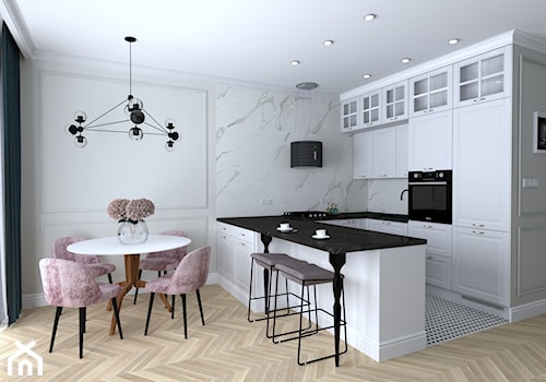 Mieszkanie - Średnia otwarta z salonem biała szara z zabudowaną lodówką z podblatowym zlewozmywakiem kuchnia w kształcie litery u, styl nowoczesny - zdjęcie od Pracownia Wnętrz