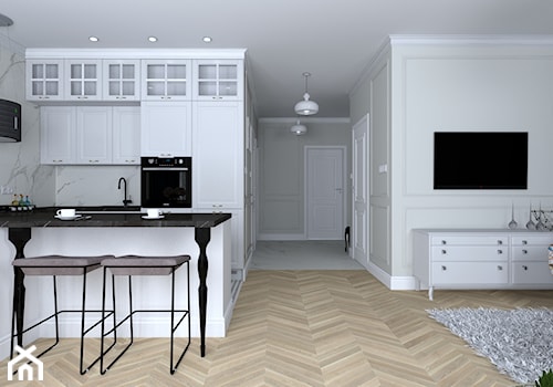 Mieszkanie - Mała otwarta z salonem biała z zabudowaną lodówką kuchnia w kształcie litery u z marmurem nad blatem kuchennym, styl nowoczesny - zdjęcie od Pracownia Wnętrz