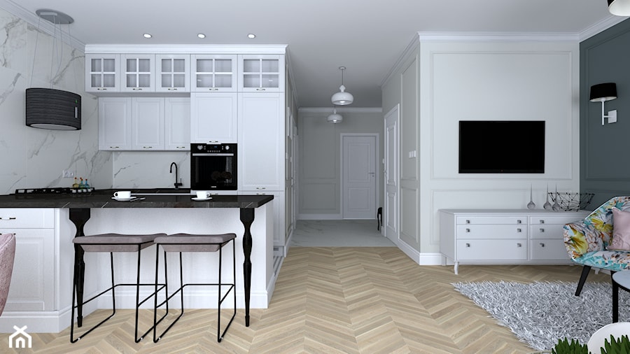 Mieszkanie - Mała otwarta z salonem biała z zabudowaną lodówką kuchnia w kształcie litery u z marmurem nad blatem kuchennym, styl nowoczesny - zdjęcie od Pracownia Wnętrz
