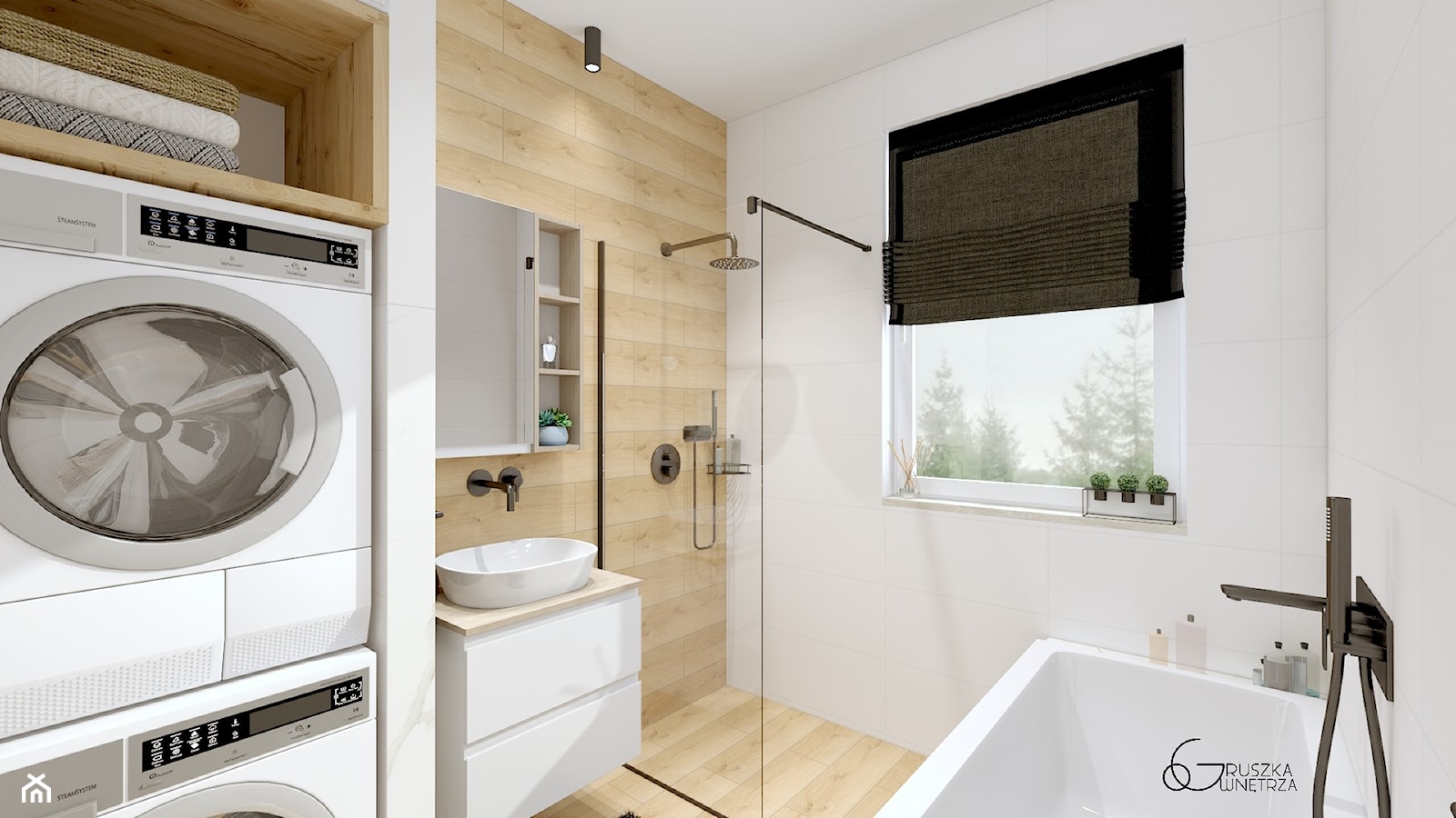 biała ŁAZIENKA - Średnia z pralką / suszarką z punktowym oświetleniem łazienka z oknem, styl nowoczesny - zdjęcie od GRUSZKA Wnętrza - Homebook