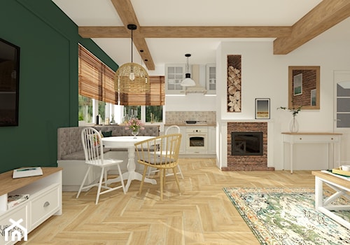 podmiejski DOM JEDNORODZINNY - Duży biały zielony salon z kuchnią z jadalnią, styl rustykalny - zdjęcie od GRUSZKA Wnętrza