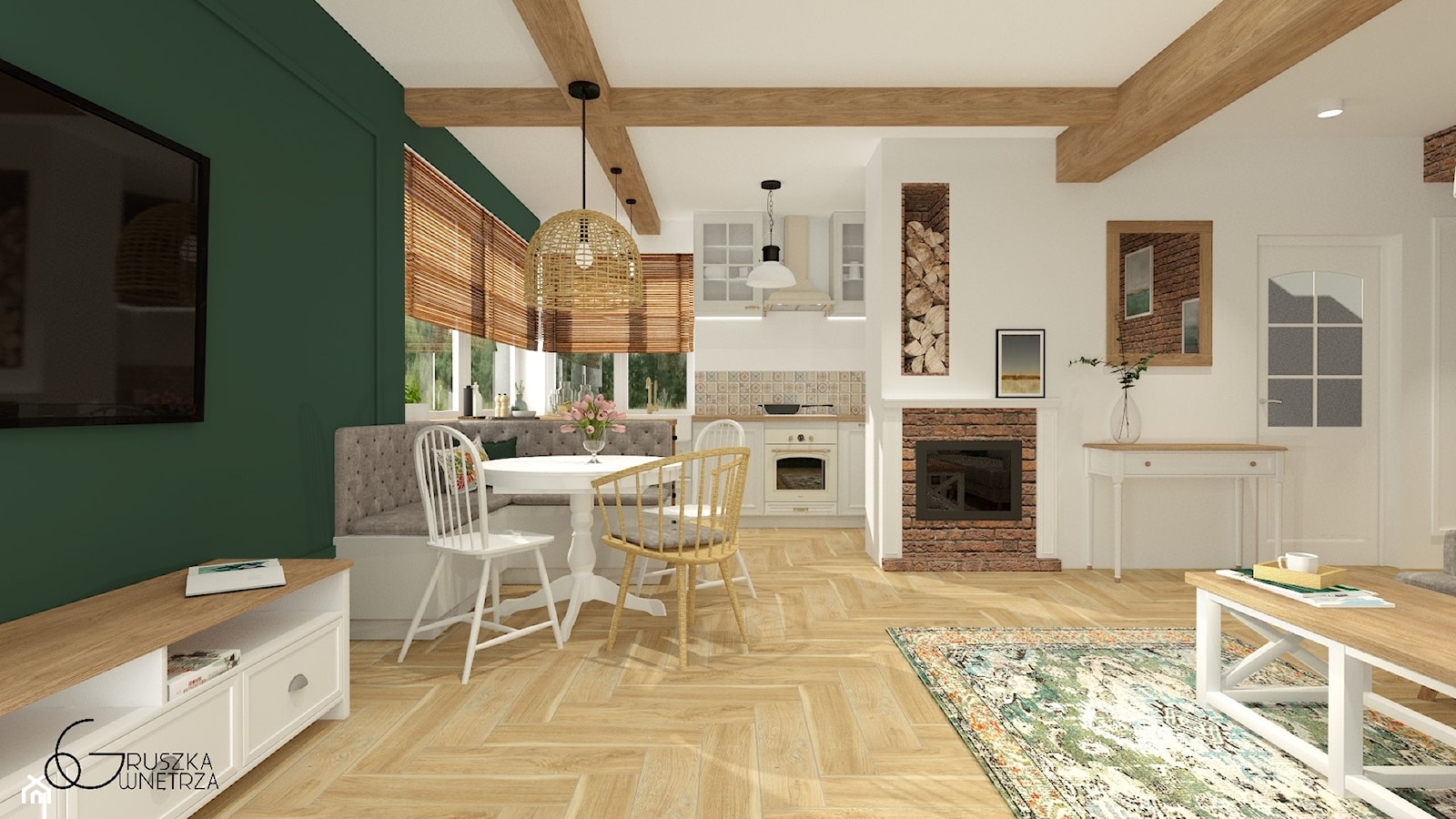 podmiejski DOM JEDNORODZINNY - Duży biały zielony salon z kuchnią z jadalnią, styl rustykalny - zdjęcie od GRUSZKA Wnętrza - Homebook