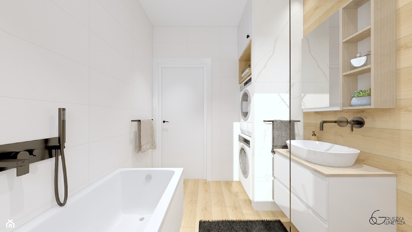 biała ŁAZIENKA - Średnia bez okna z pralką / suszarką z lustrem łazienka, styl nowoczesny - zdjęcie od GRUSZKA Wnętrza - Homebook