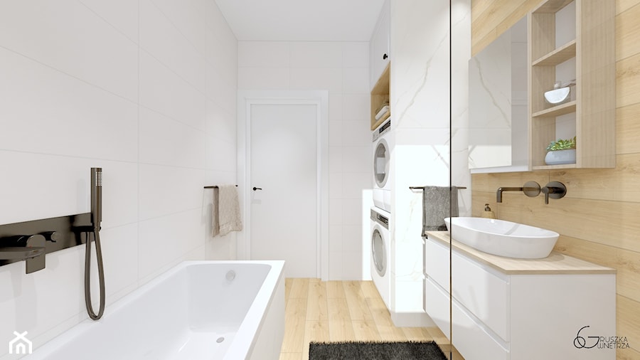 biała ŁAZIENKA - Średnia bez okna z pralką / suszarką z lustrem łazienka, styl nowoczesny - zdjęcie od GRUSZKA Wnętrza
