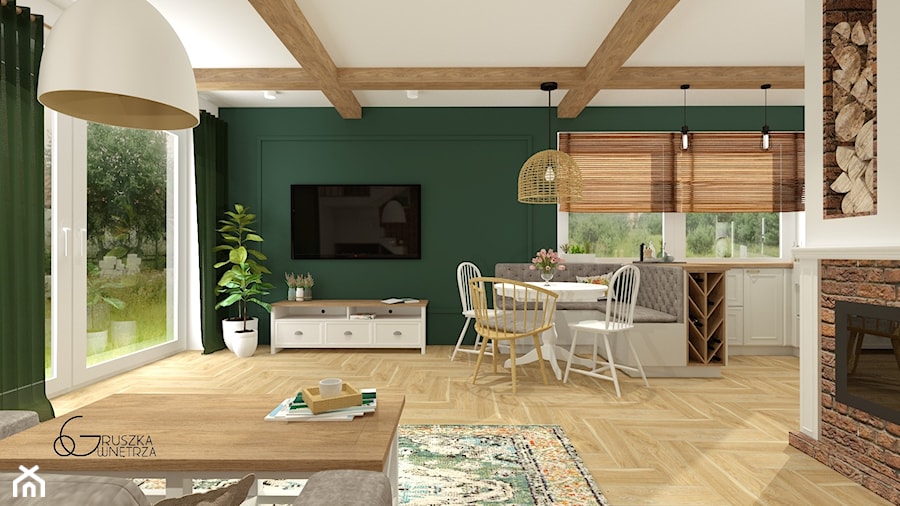 podmiejski DOM JEDNORODZINNY - Średnia zielona jadalnia w salonie w kuchni, styl rustykalny - zdjęcie od GRUSZKA Wnętrza