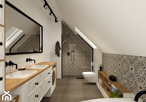 ŁAZIENKA na poddaszu - Duża na poddaszu z pralką / suszarką z dwoma umywalkami łazienka z oknem, styl rustykalny - zdjęcie od GRUSZKA Wnętrza