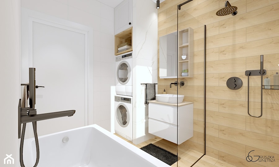 biała ŁAZIENKA - Średnia bez okna z pralką / suszarką z lustrem z punktowym oświetleniem łazienka, styl nowoczesny - zdjęcie od GRUSZKA Wnętrza